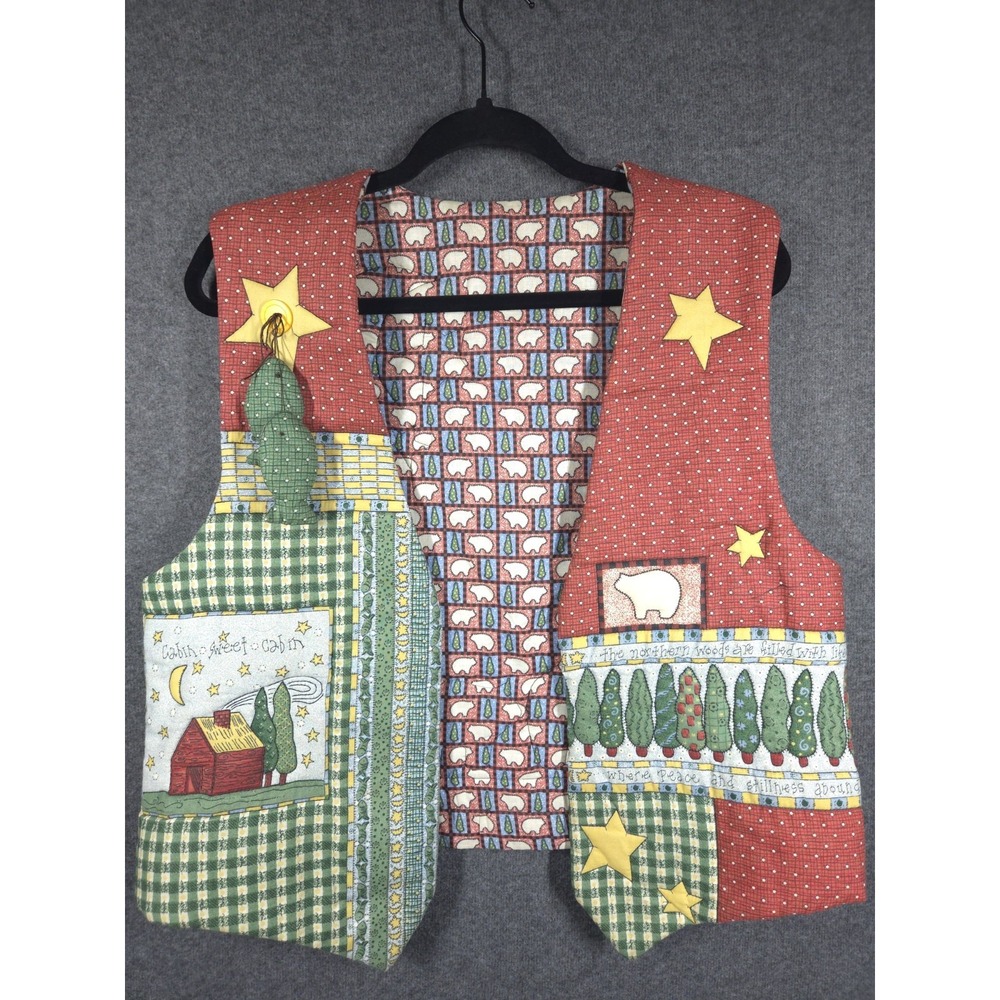 Vtg 90s Handmade 3D Quilted‎ Vest Med Folk Art Bears Moon Stars Cabin Fish